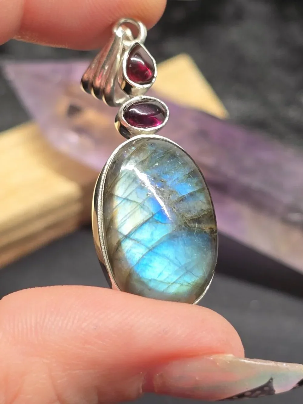 Ruby & Labradorite Pendant, Natural Gemstone Crystal Jewelry